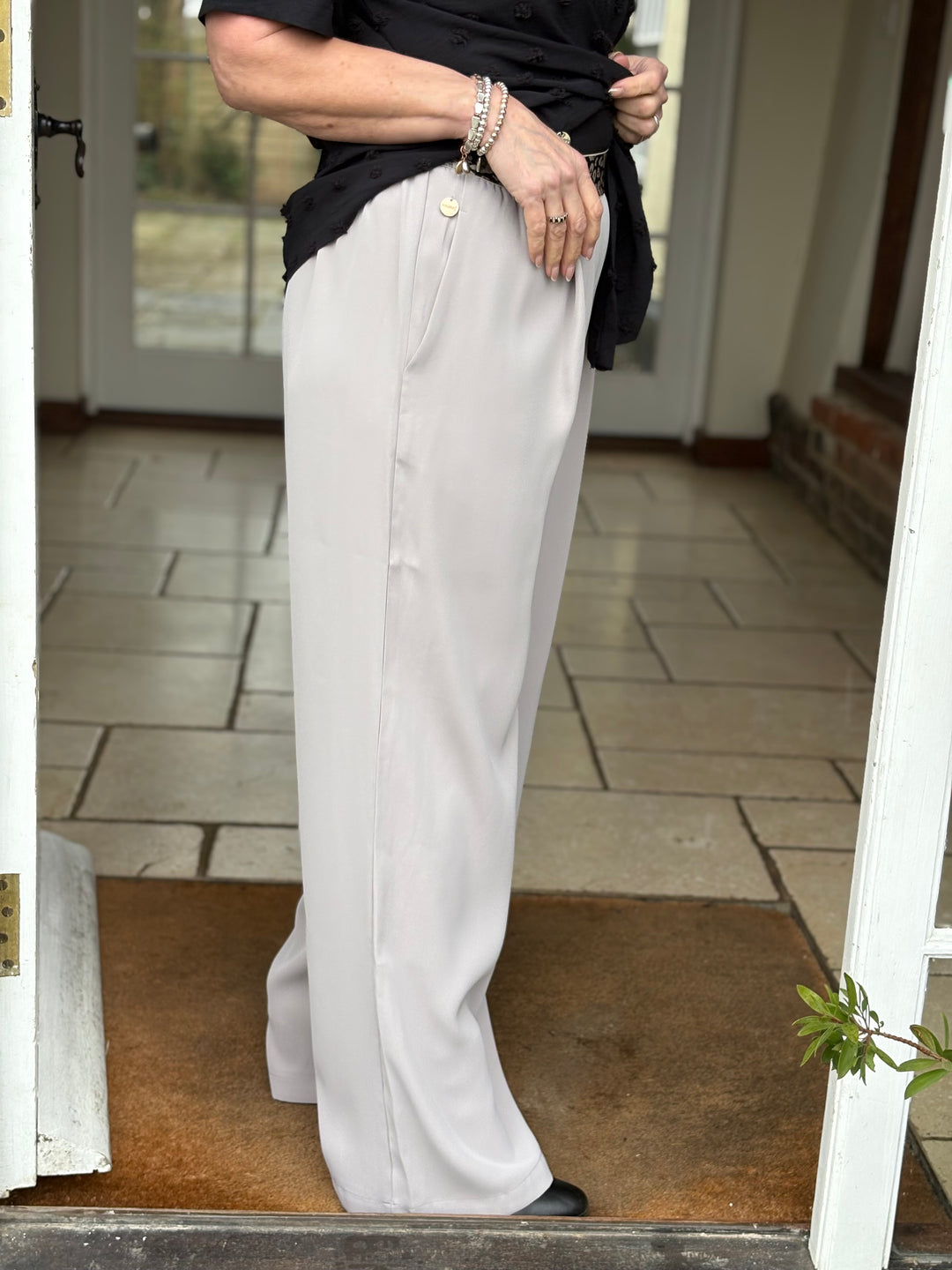Woven Wide Leg Trouser Animal Print Waist Malissa J | Stone - Mandy's Heaven 
