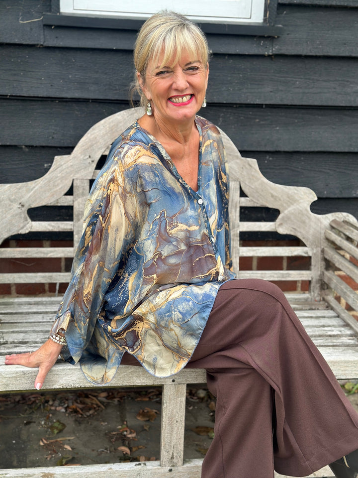 Naomi Marble Silk Blouse | Navy