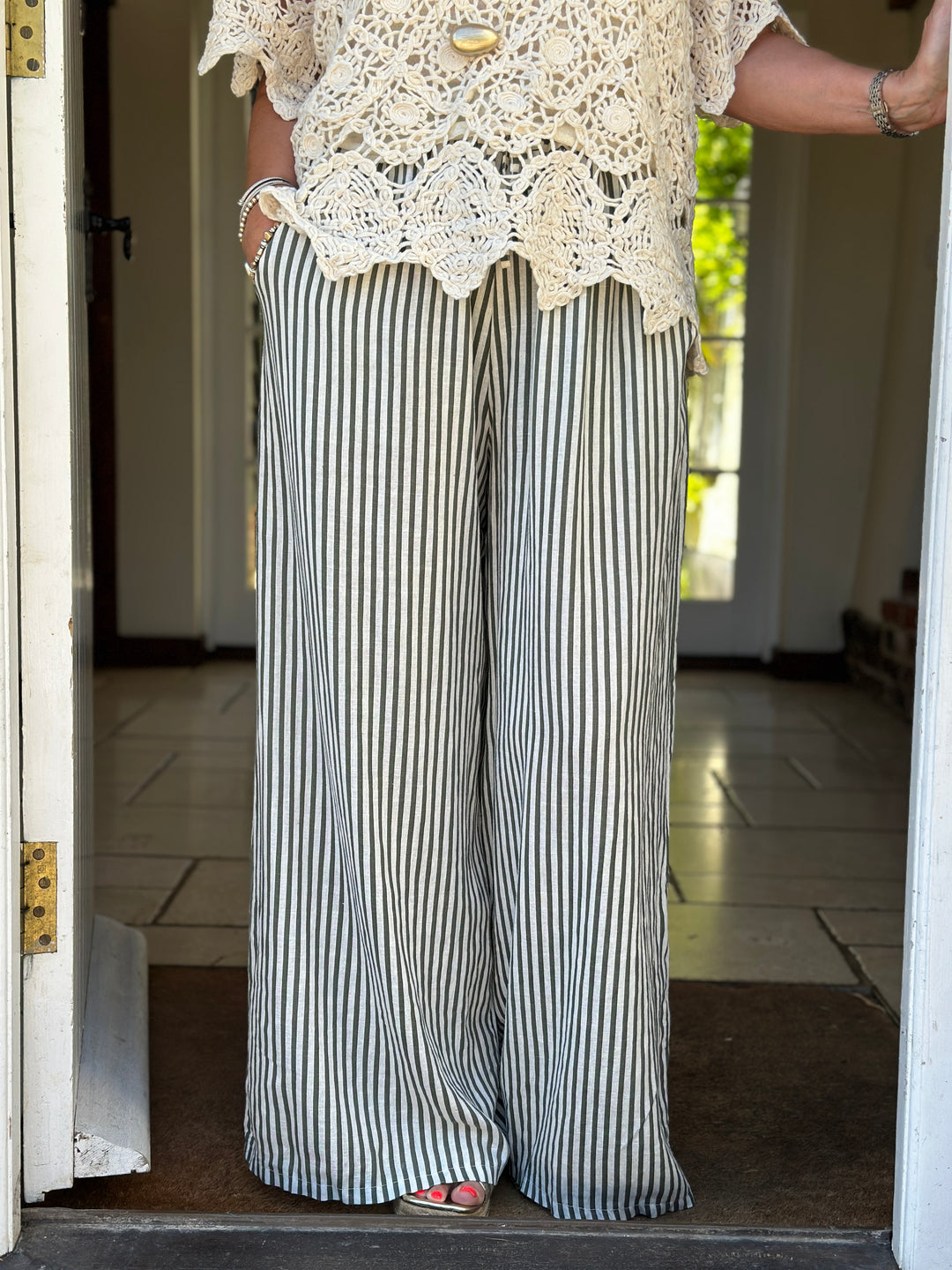 Wide Leg Linen Stripe Trouser | Khaki