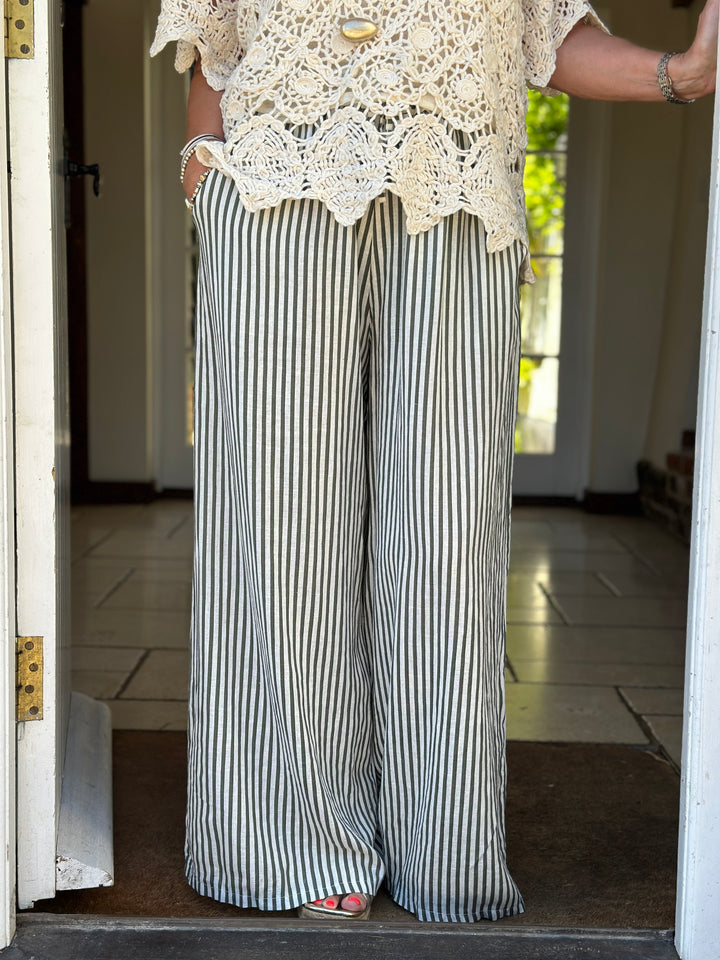Wide Leg Linen Stripe Trouser | Khaki