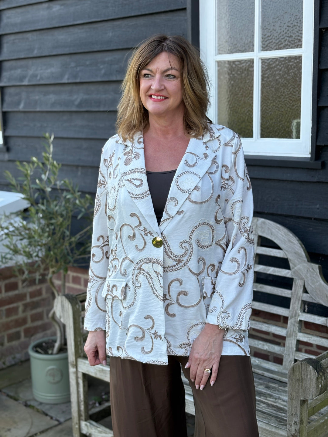 Embroidered Paisley Blazer - Malissa J | Latte