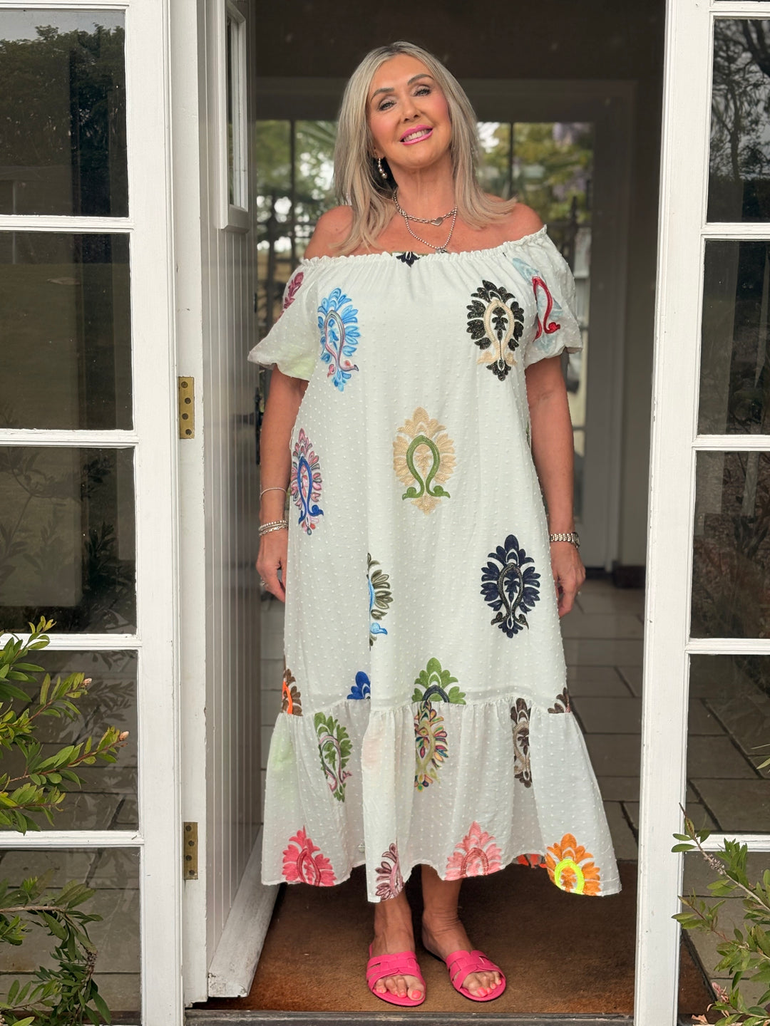 Embroidered Bardot Dress - Malissa J | White