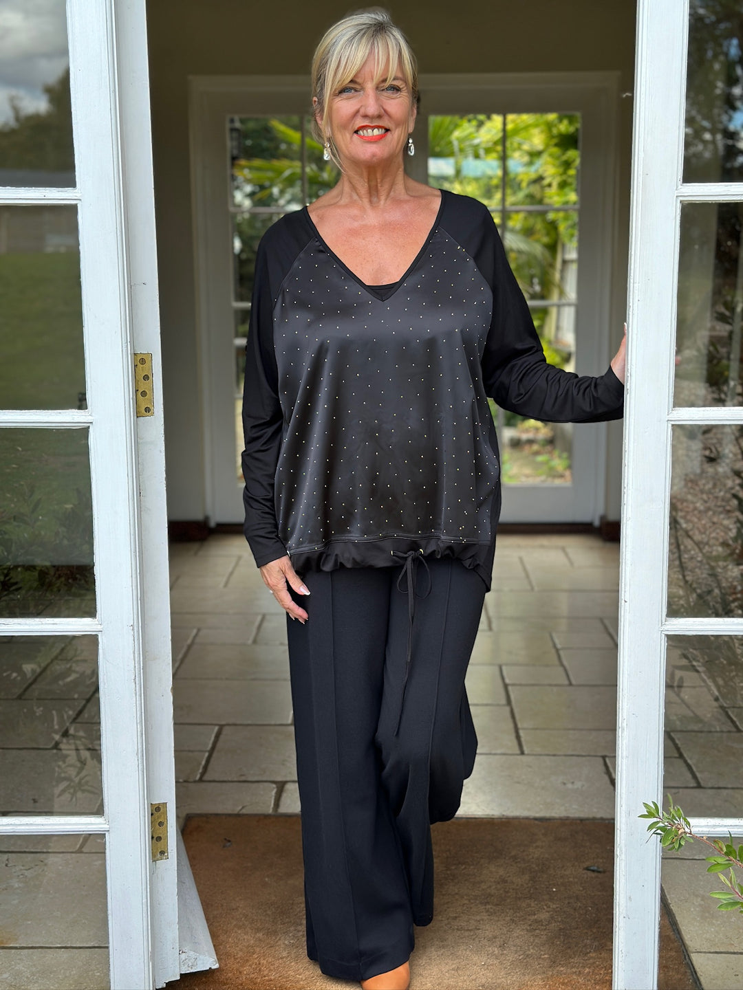 Studded Satin-Feel Front Top - Malissa J | Black