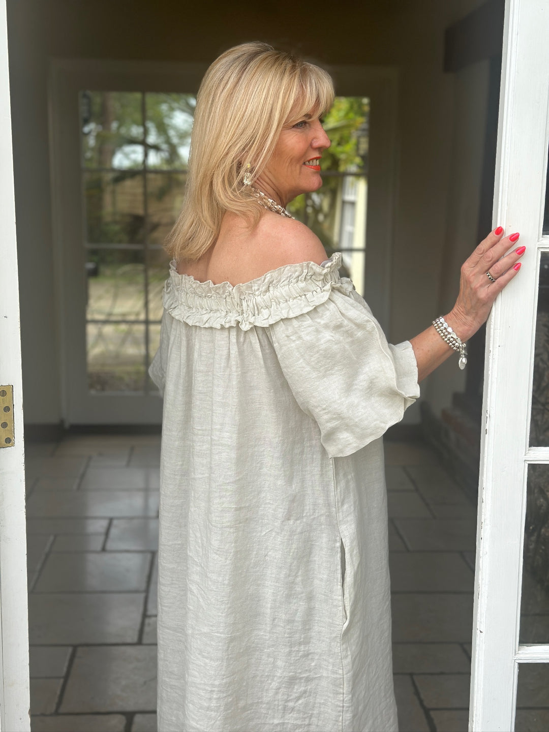 Ruffle Bardot Linen Dress | Stone