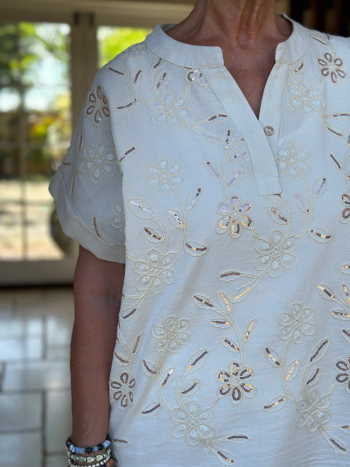 Rose Gold Sequin Floral Cotton Blend Top | Cream