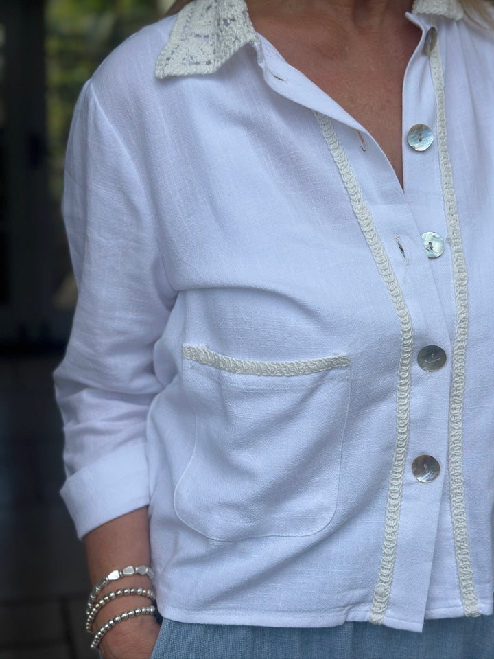 Embroidered Collar Linen Shirt | White