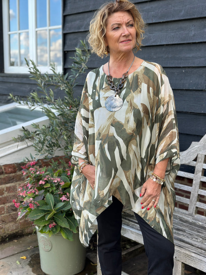 Mia Brushstroke Silk Blouse | Beige