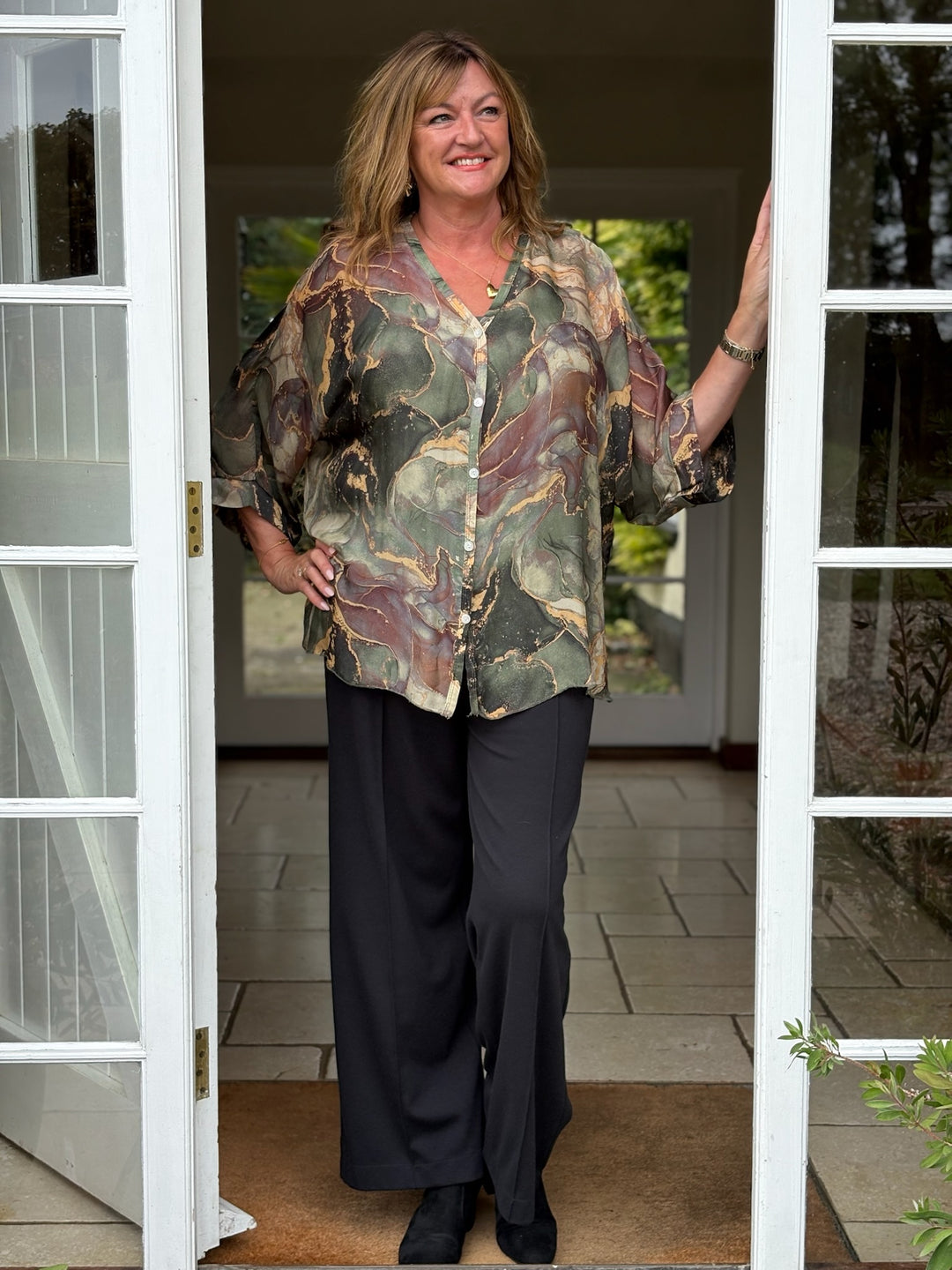 Naomi Marble Silk Blouse | Green