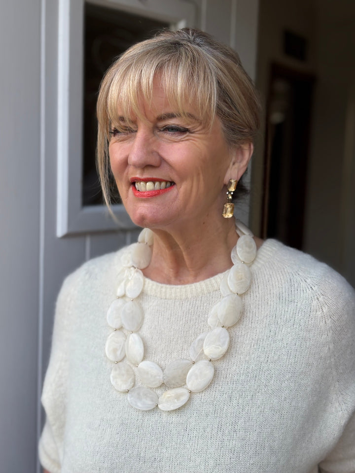 Multi Oval Bead Long Necklace | Cream & Gold