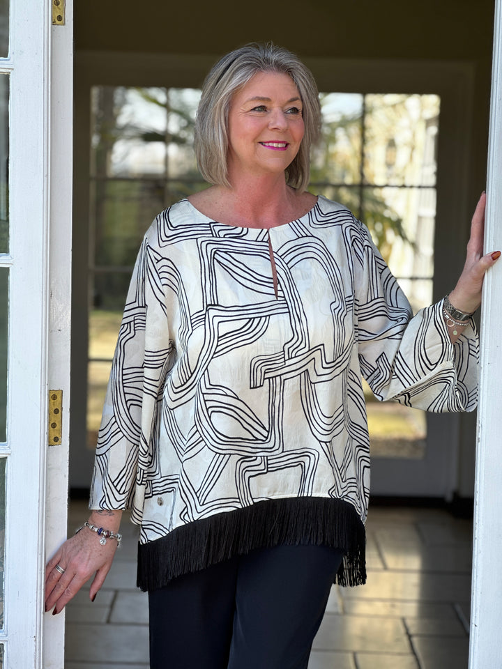 Flared Sleeve Abstract Top With Tassel Trim - Malissa J | Cream & Black