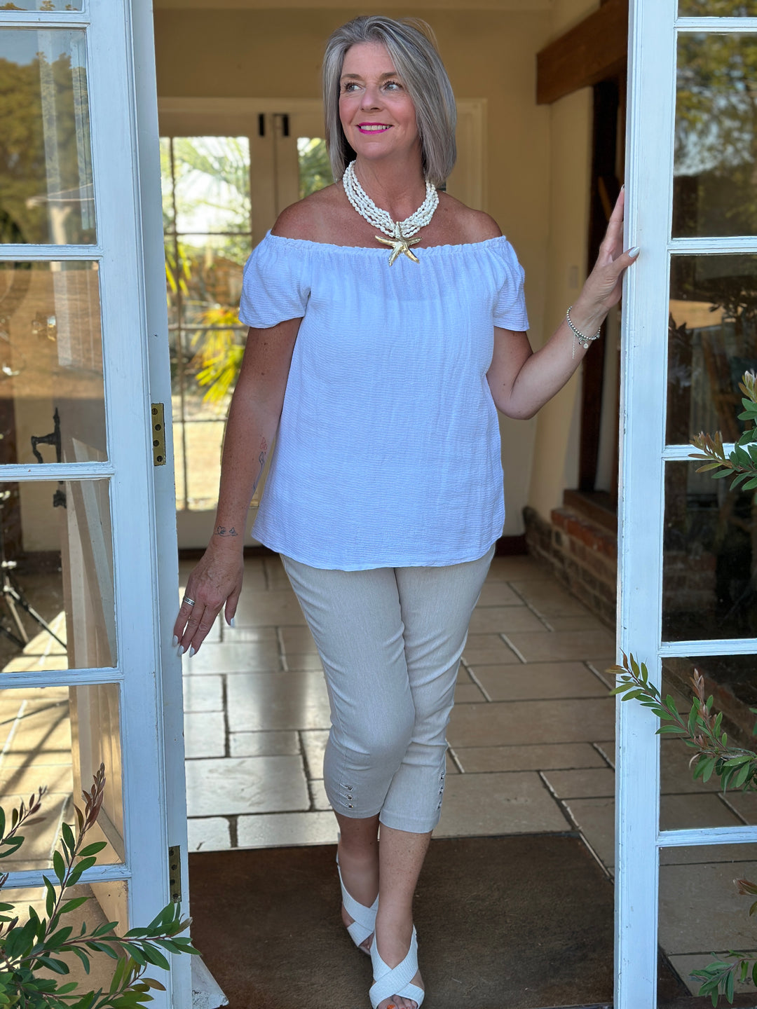 Cotton Linen Bardot Top | White