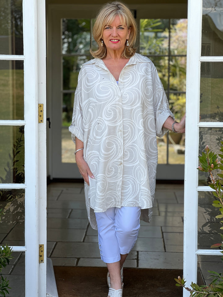Button Through Longline Swirl Shirt  | Stone