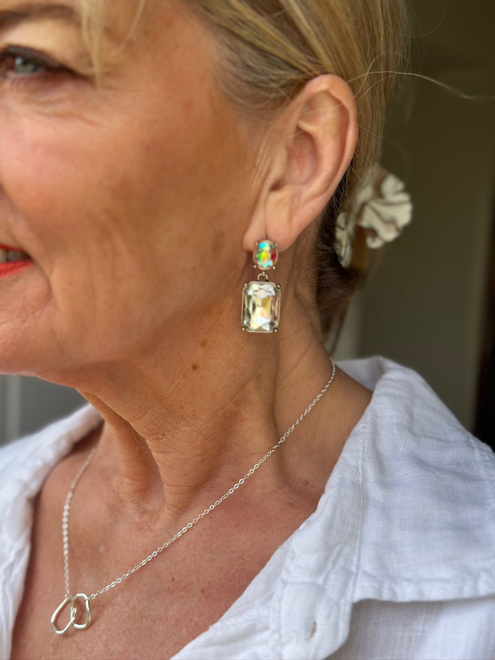Oval & Square Gem Earrings | Clear & Aurora