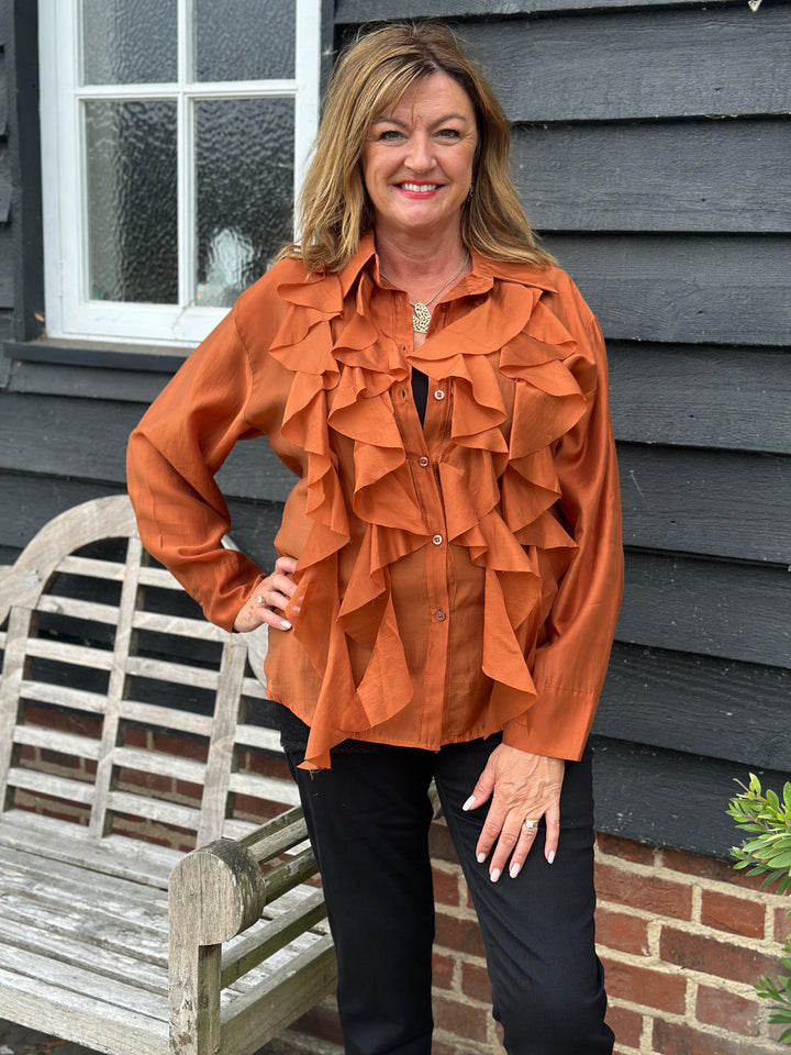Ruffle Detail Sheer Button Blouse | Copper
