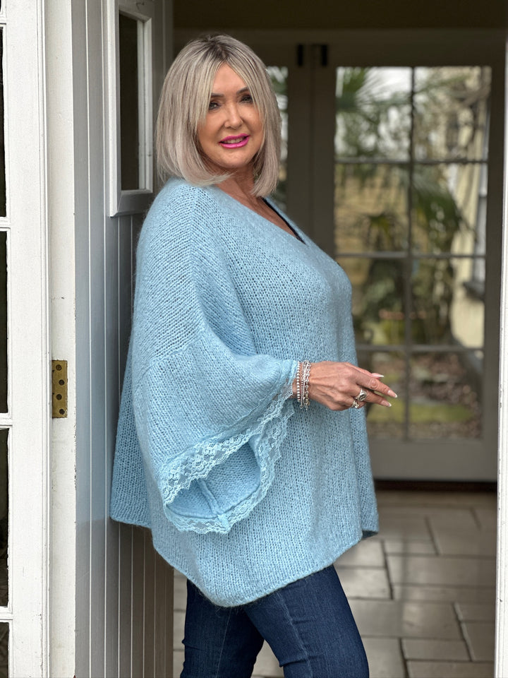 Lace Sleeve Knit Jumper | Baby Blue