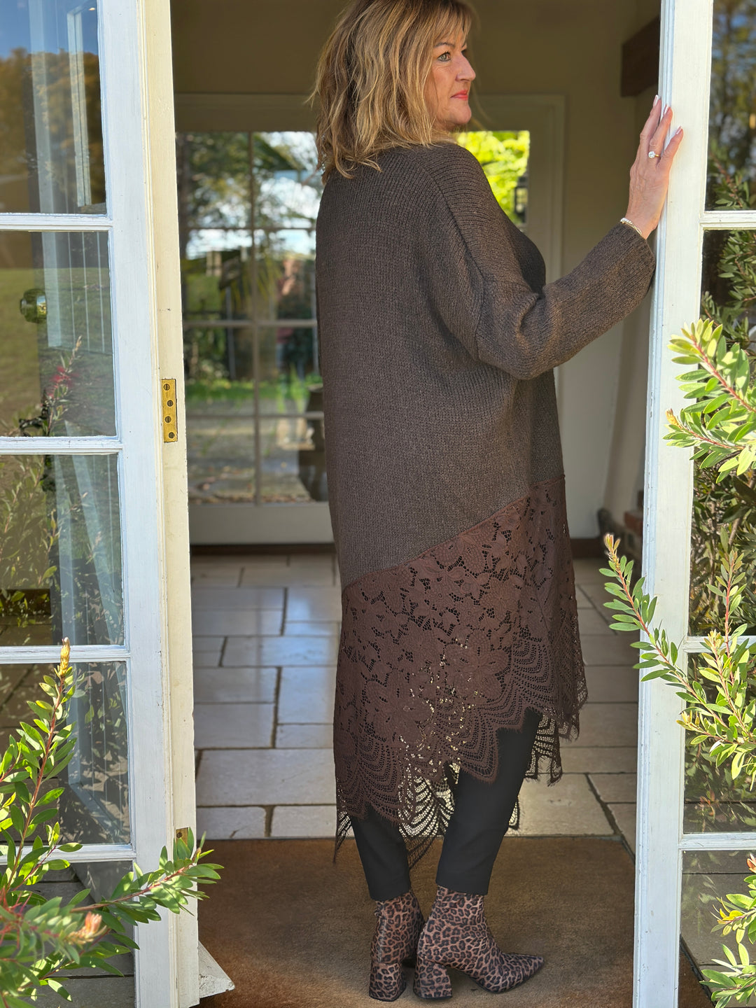 Lace Hem Knitted Jumper Dress | Chocolate Brown