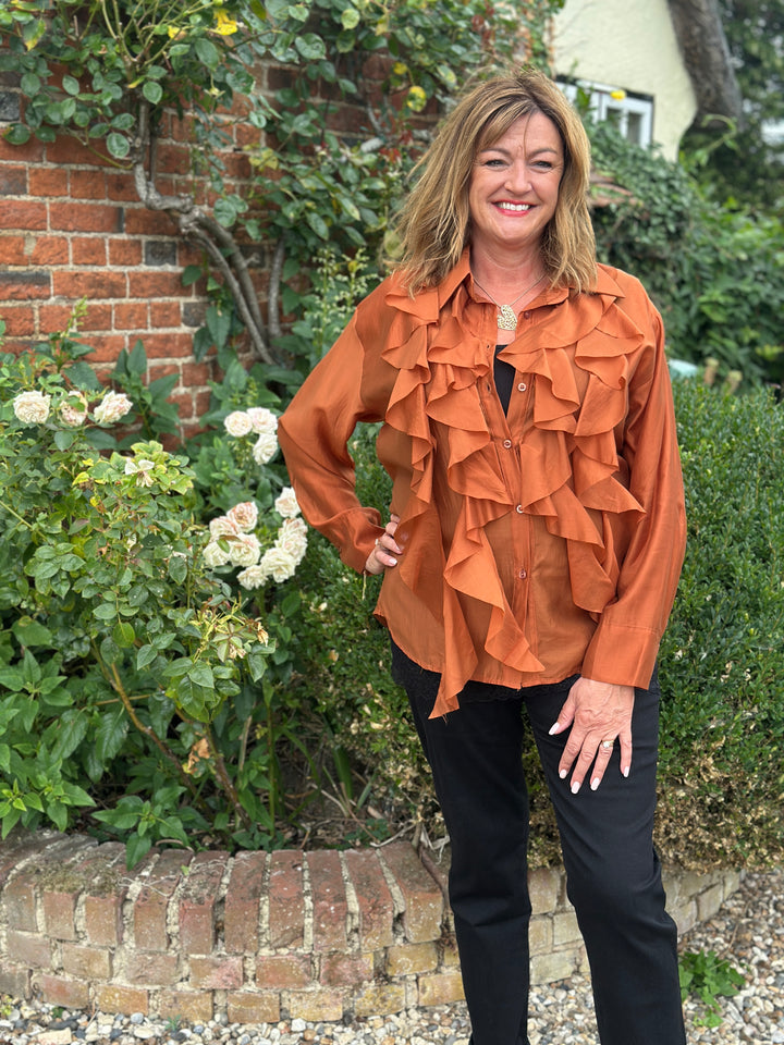 Ruffle Detail Sheer Button Blouse | Copper