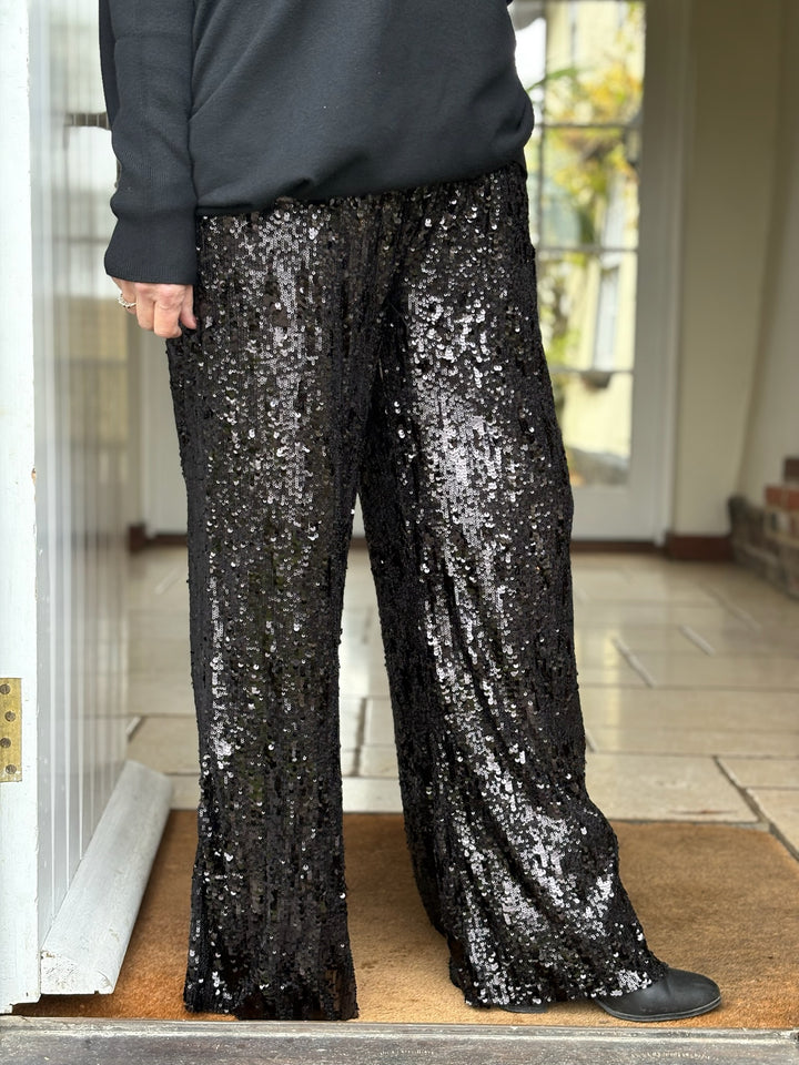 Sequin Wide Leg Trousers | Black
