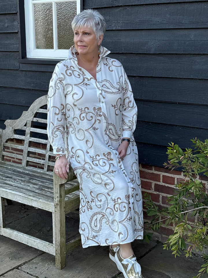 Embroidered Paisley Longline Shirt Dress - Malissa J | Latte