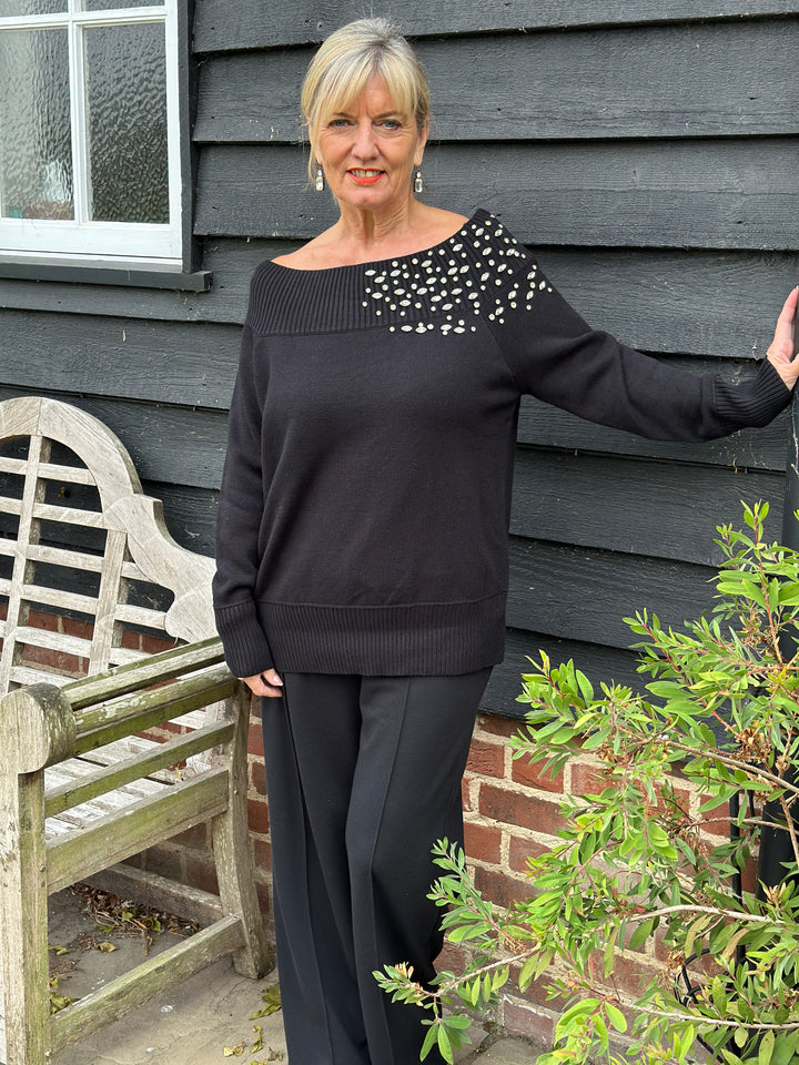 Crystal Detail Bardot Jumper - Malissa J | Black