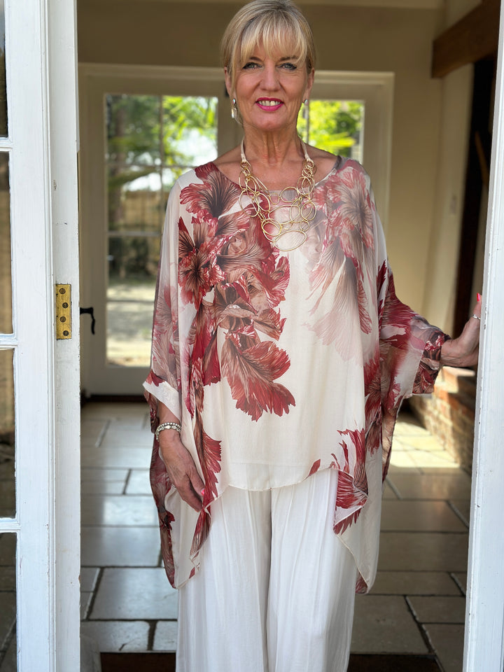Mia Floral Silk Blouse | Beige