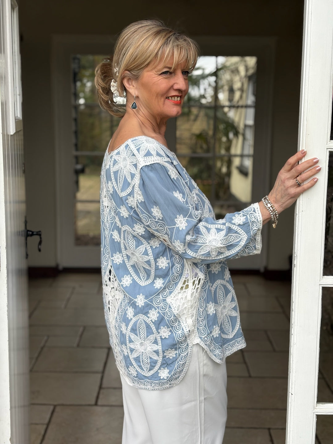 Floral Crochet Tapestry Design Top | Soft Blue