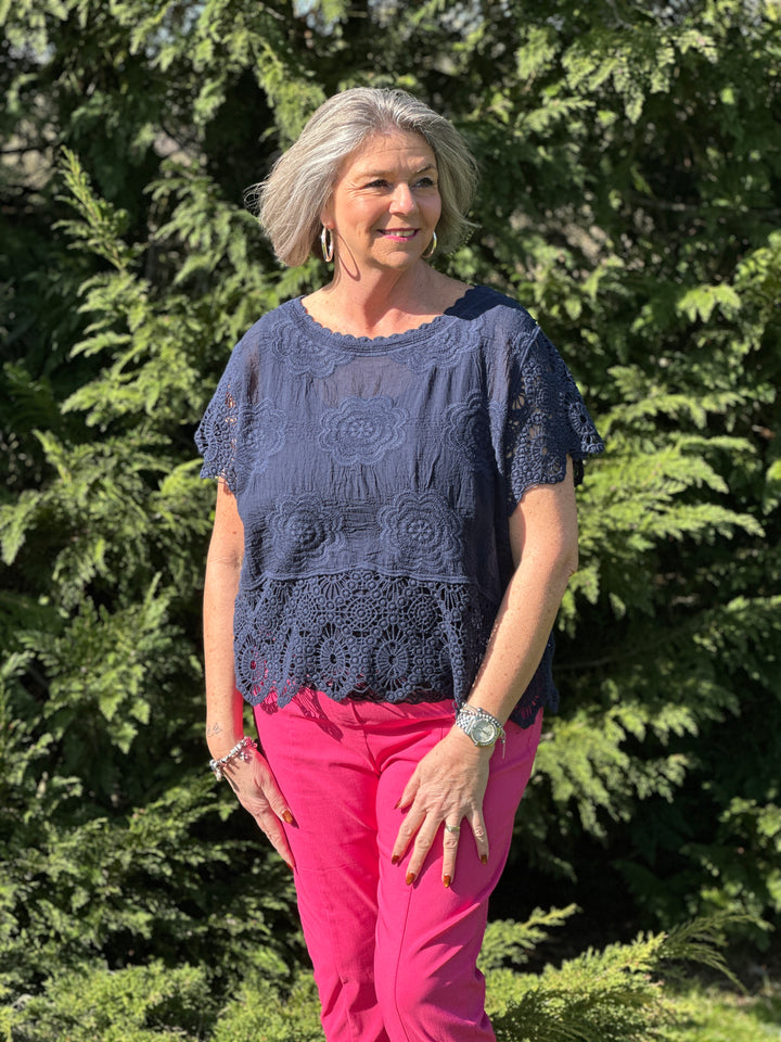 Crochet Floral Top | Navy