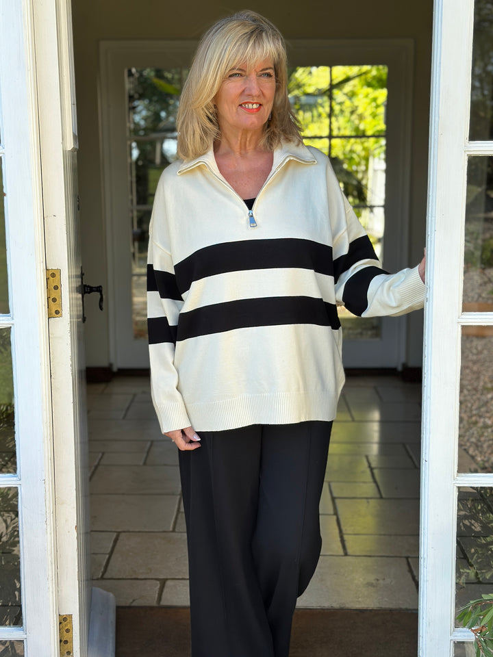 Funnel Neck Zip Stripe Jumper | Cream