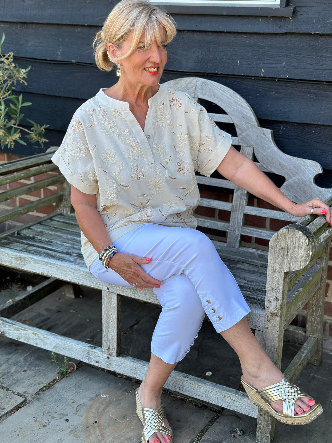 Rose Gold Sequin Floral Cotton Blend Top | Cream