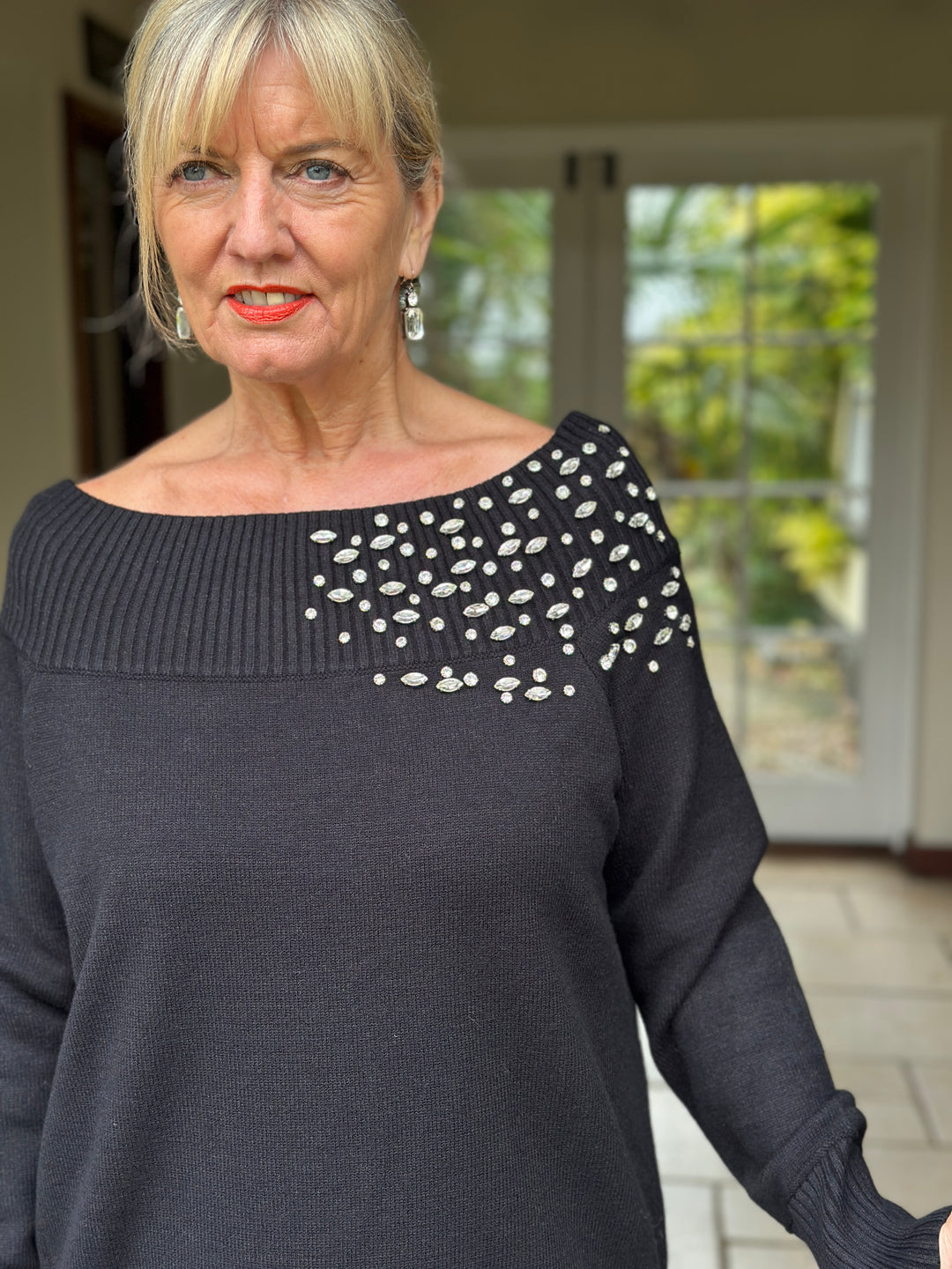 Crystal Detail Bardot Jumper - Malissa J | Black