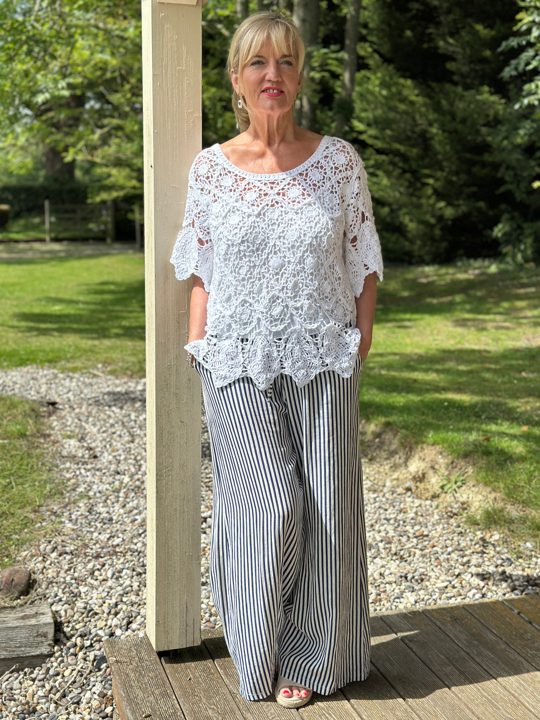 Wide Leg Linen Stripe Trouser | Navy