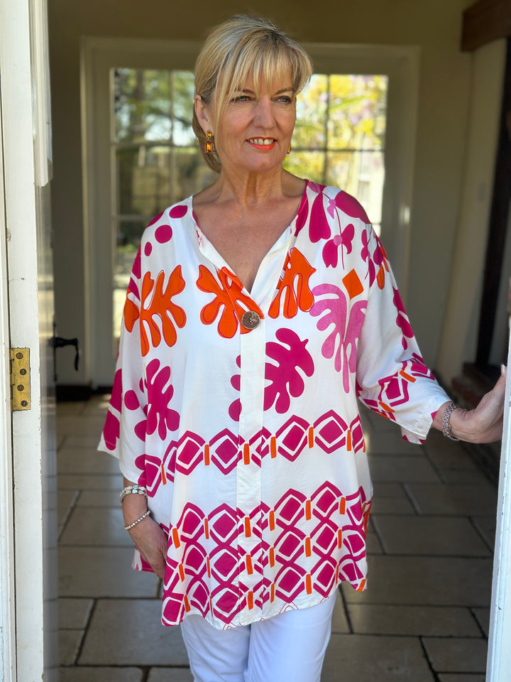 One Button Tunic Top Abstract Print | Fuchsia