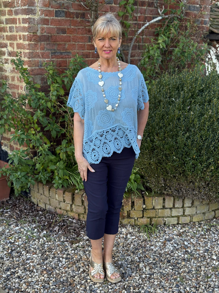 Crochet Floral Top | Sky Blue