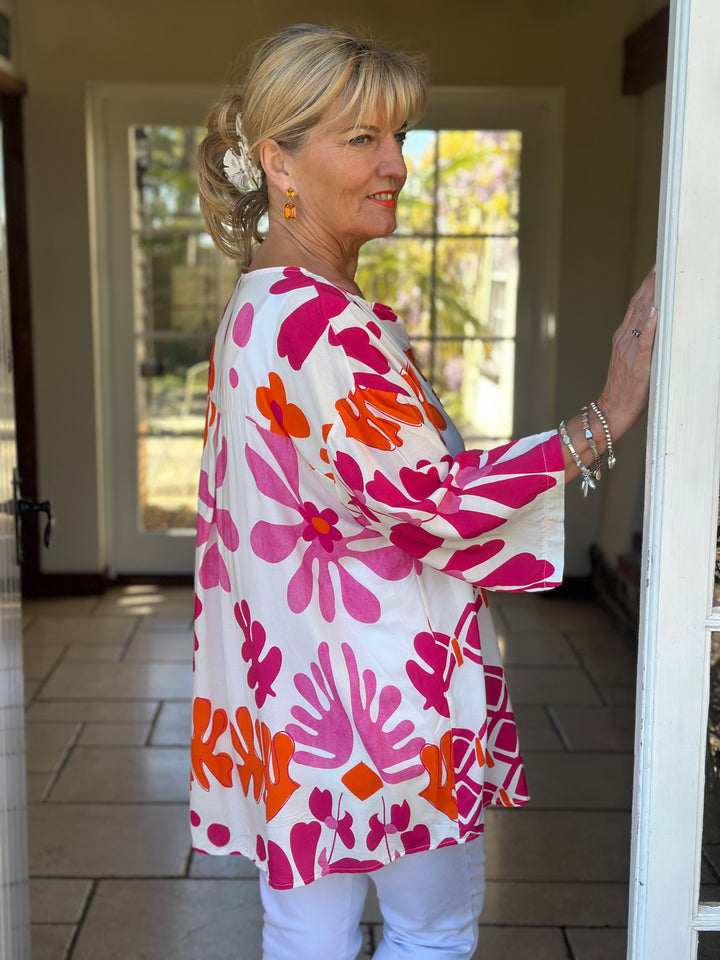 One Button Tunic Top Abstract Print | Fuchsia
