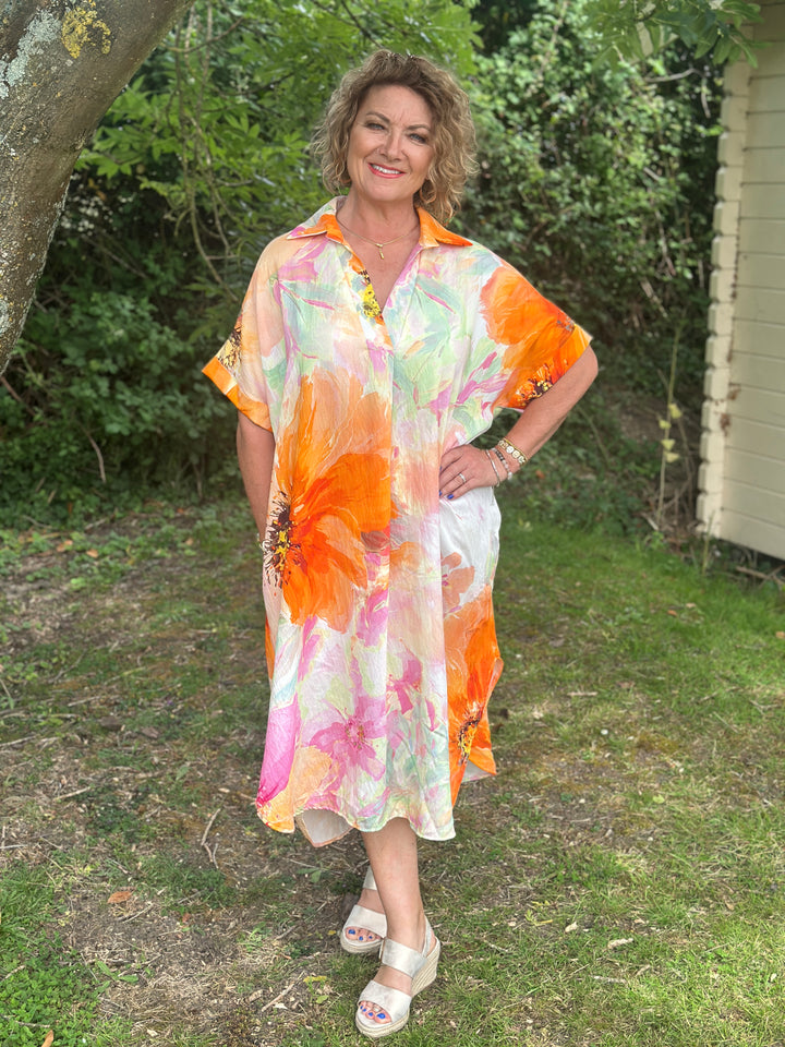 Watercolour Floral Sun Dress | Orange