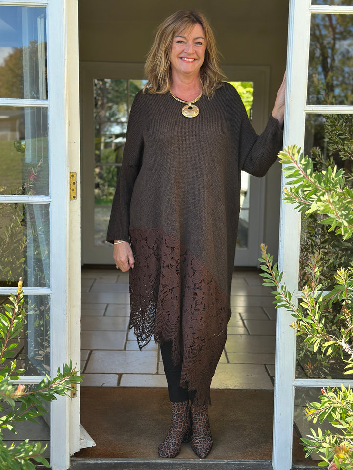 Lace Hem Knitted Jumper Dress | Chocolate Brown