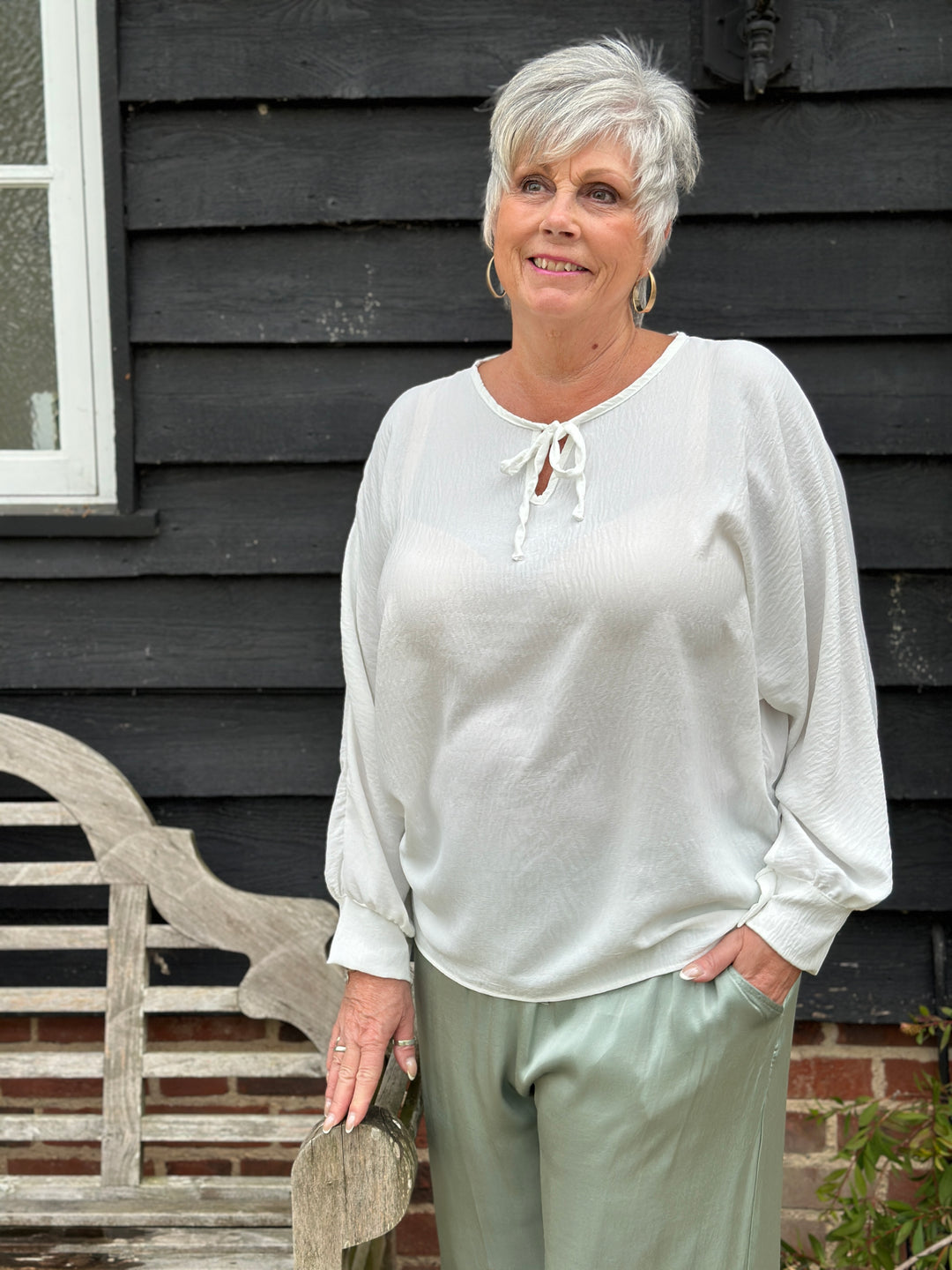 Long Sleeve Lightweight Top With Ties | White
