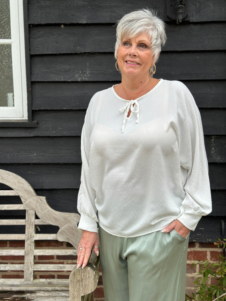 Long Sleeve Lightweight Top With Ties | White