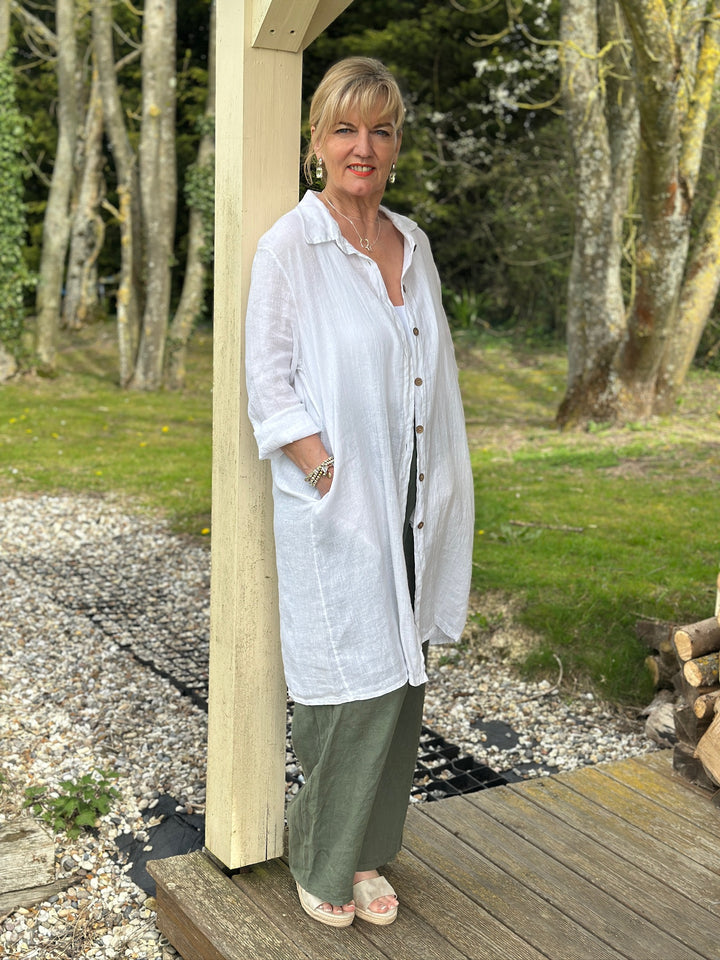 Straight Sleeve Longline Linen Shirt | White