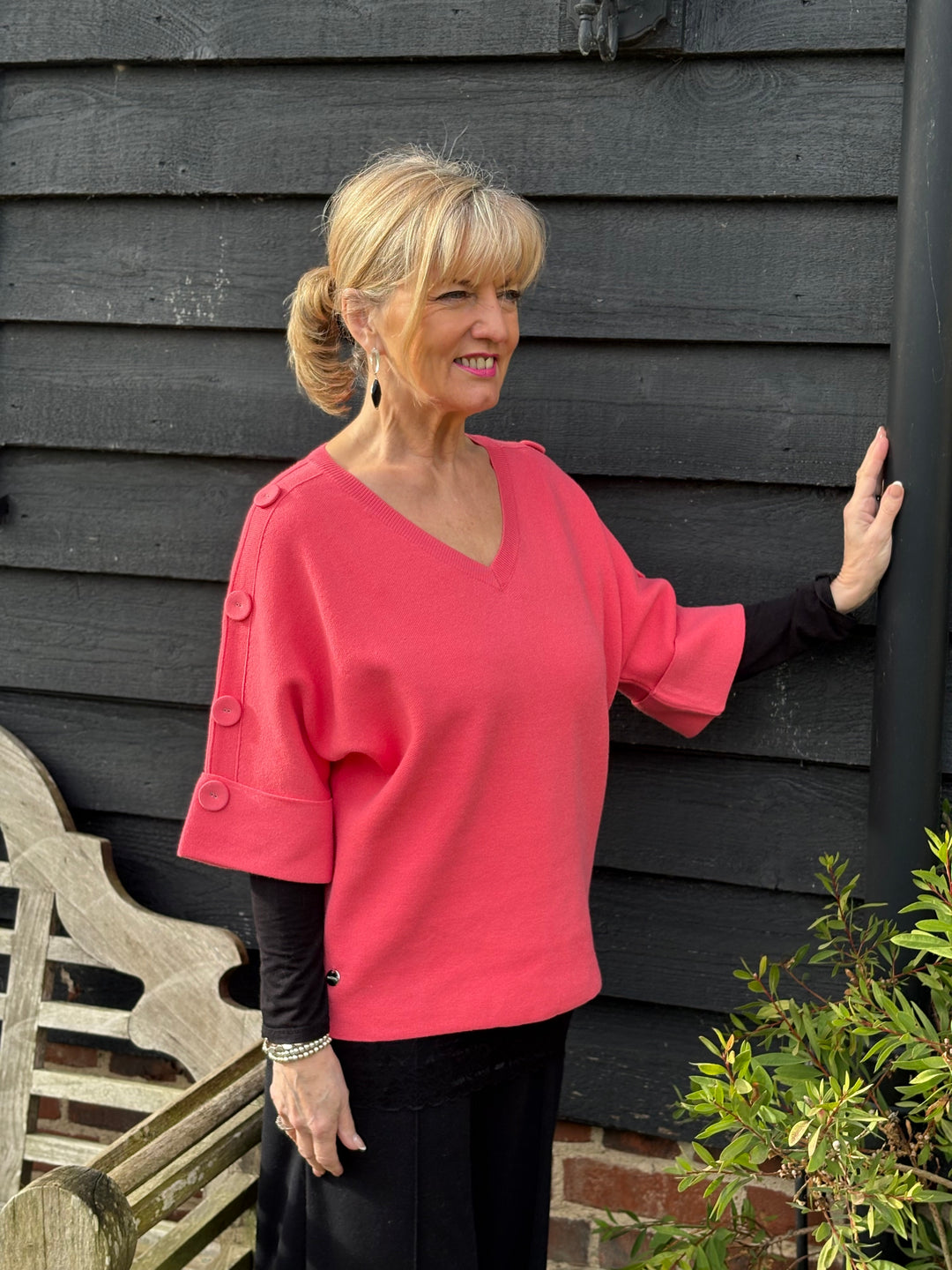 Elbow Length Button Detail V Neck Jumper Malissa J | Coral - Mandy's Heaven 