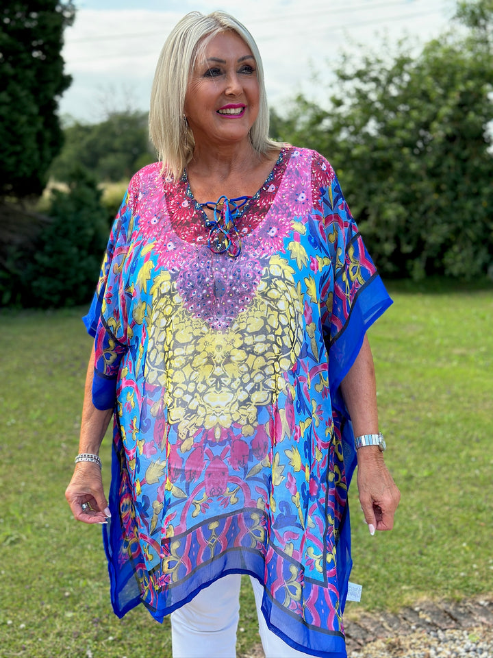 Diamante Detail Sheer Kaftan | Blue
