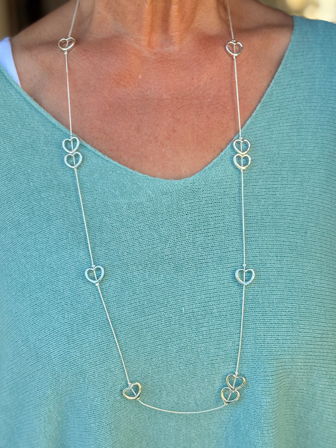 Long Hollow Hearts Necklace | Silver