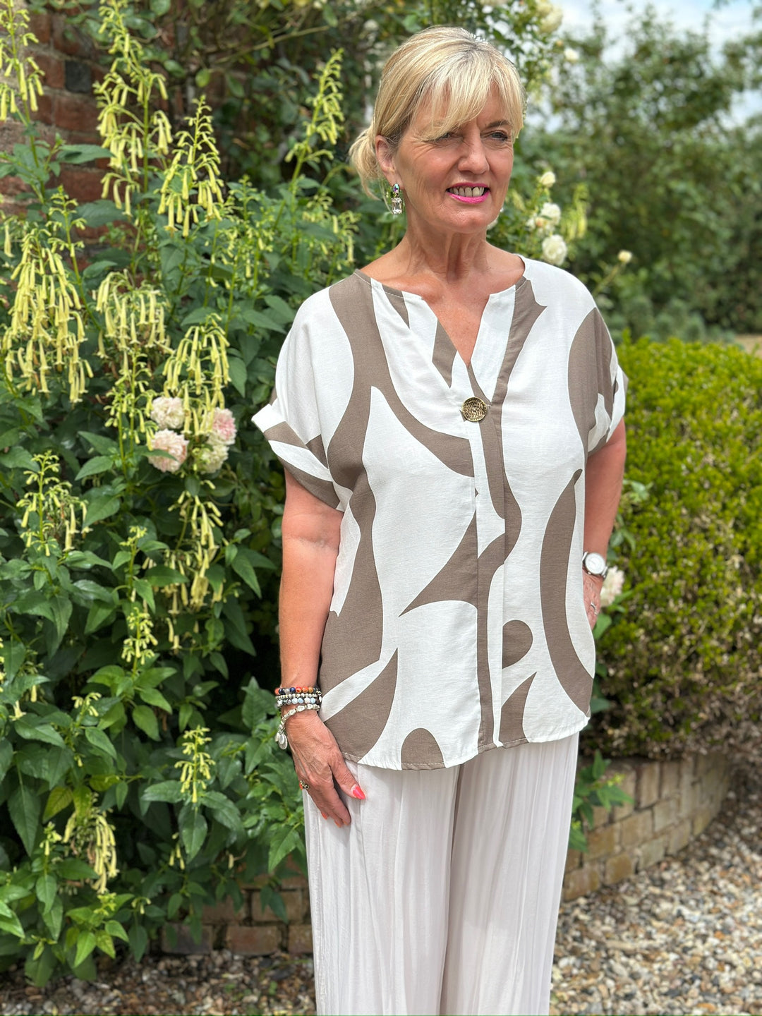 Swirl Print Button-Neck Top | Taupe
