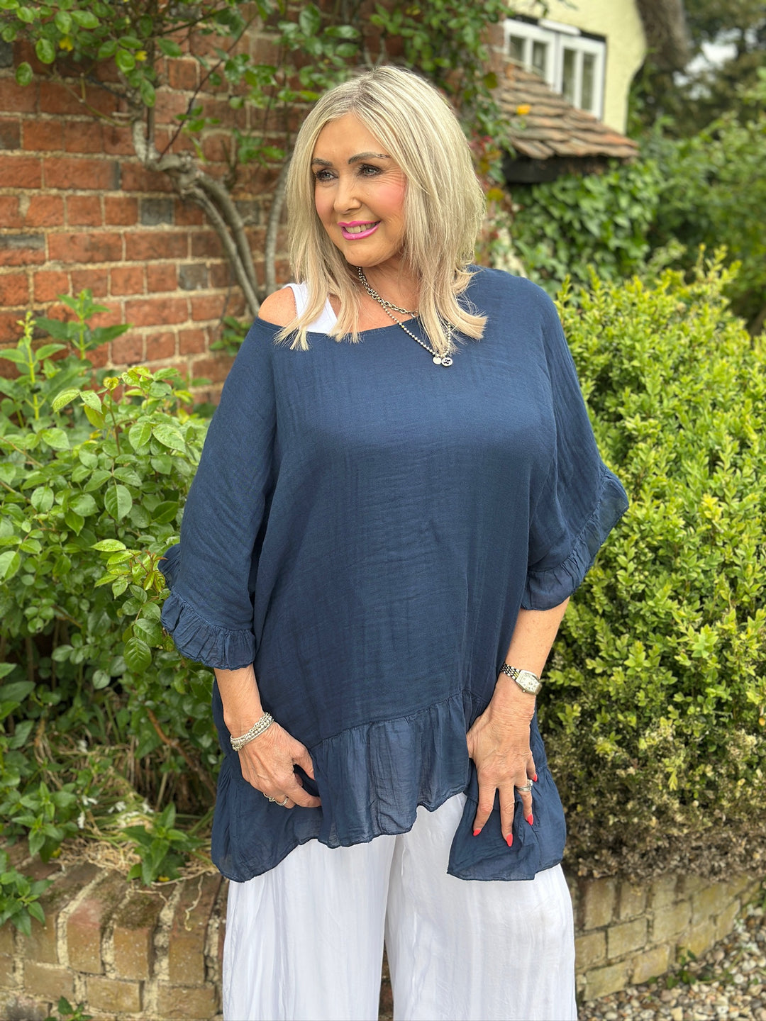 Cotton Ruffle Hem Top | Navy