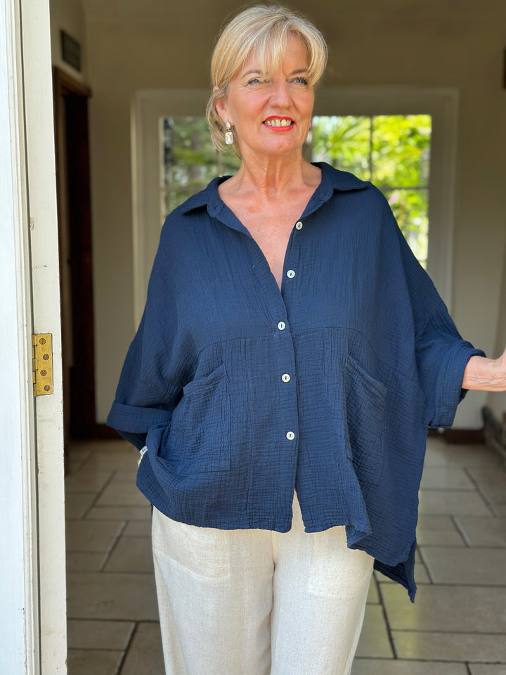 Cotton Button Shirt | Navy