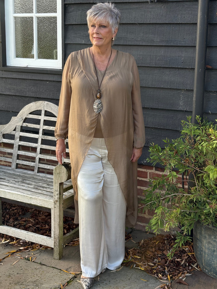 Silk Longline Cross Over Top | Caramel