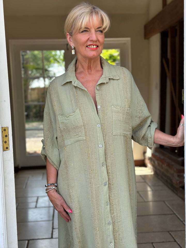 Metallic Stripe Shirt Dress | Sage