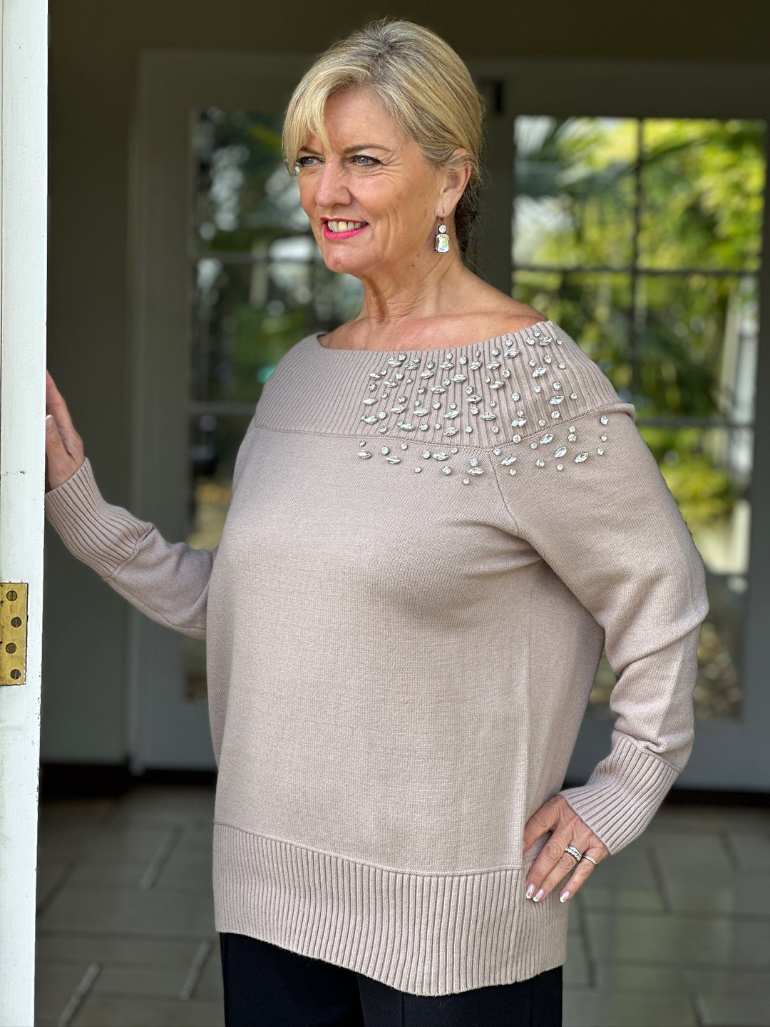 Crystal Detail Bardot Jumper - Malissa J | Taupe