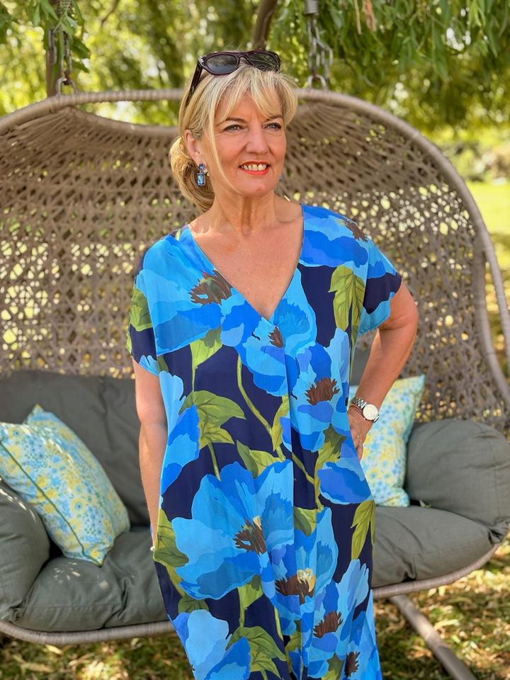 Floral V-neck Kaftan Dress | Blue