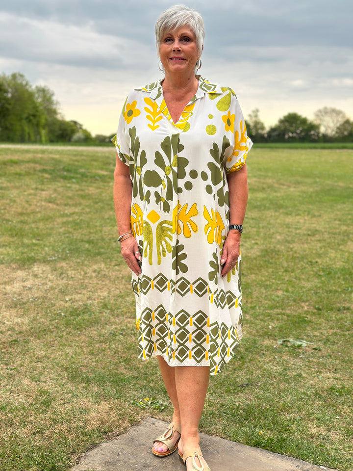 Abstract Print Tunic Dress | Khaki